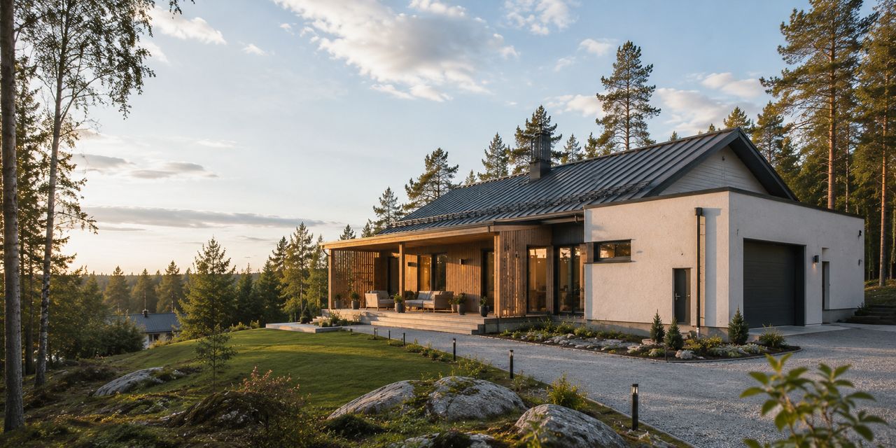 Moderni omakotitalo metsän reunassa iltavalossa.