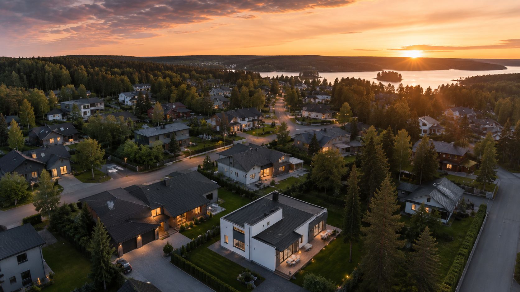 Ilmakuva mikkeliläisestä pientaloalueesta järven rannalla auringonlaskun aikaan.