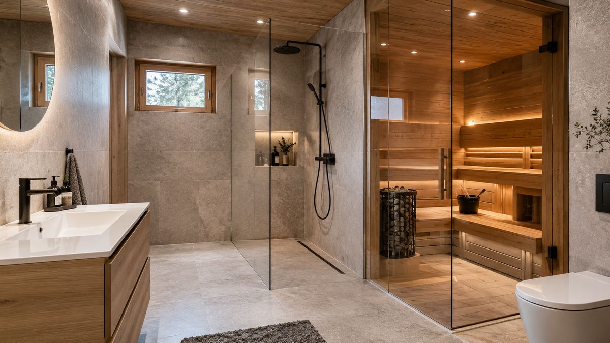 Remontoitu pesuhuone ja lasiseinäinen sauna