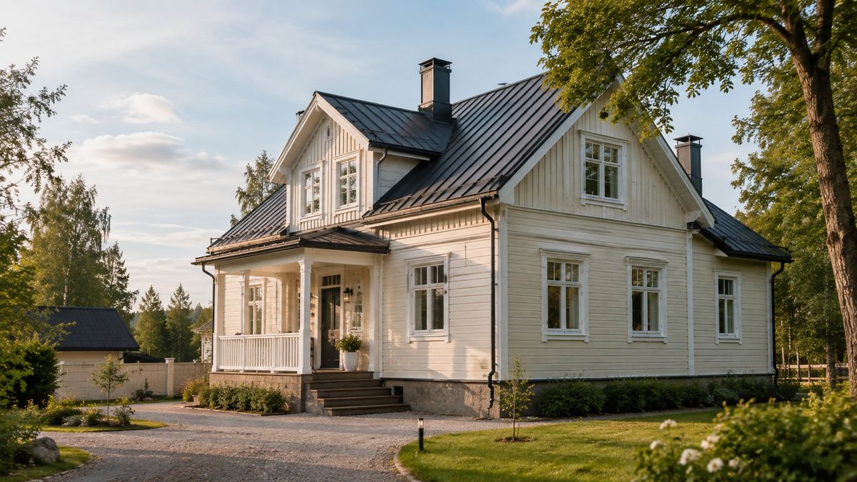 Vanha valkoinen puutalo kunnostetulla julkisivulla ja katolla